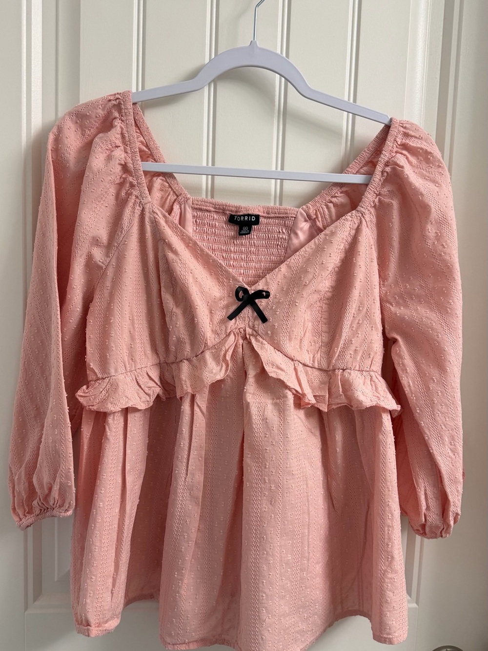 torrid Blush Pink Peasant Top with Black Bow Accent